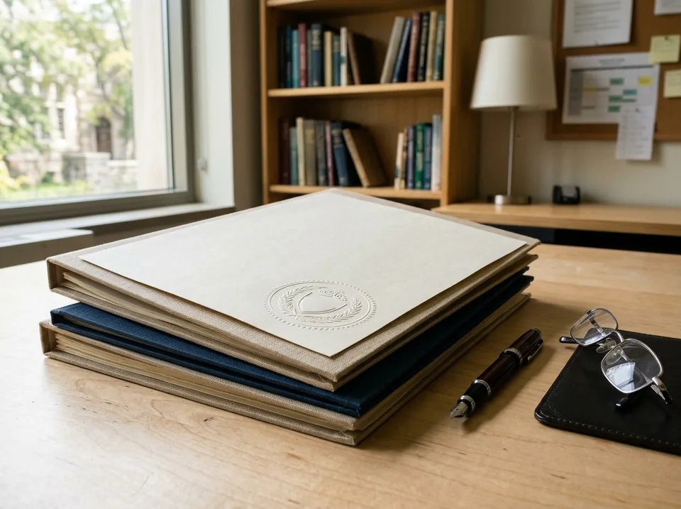 University registrar academic transcript folder and credentials portfolio arranged neatly beside reading spectacles on an oak advising table.